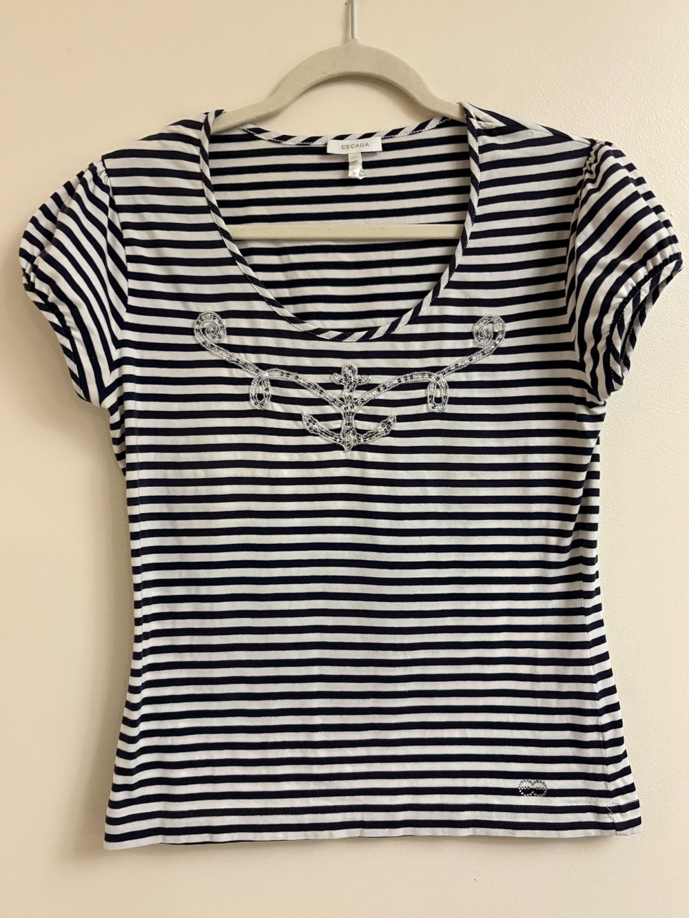 Vintage ESCADA Y2K Rhinestone Anchor Striped Top M mcbling Nautical Luxury 38